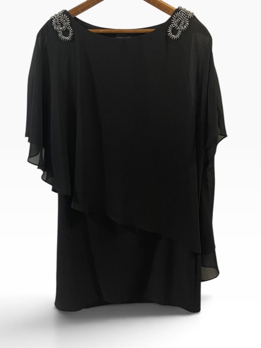 Xscape Black Beaded Shoulder Draped Chiffon Dress Size 10